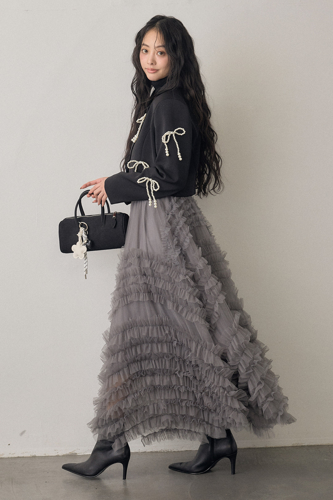 [予約/SET]パールリボンクロップドジャケット+スフレアシメチュールスカート(2set)