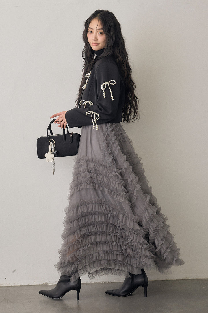 [予約/SET]パールリボンクロップドジャケット+スフレアシメチュールスカート(2set)