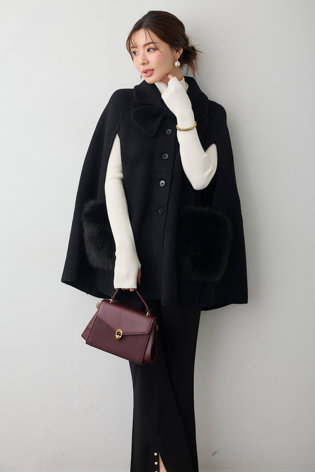 [予約]ウールタッチファーポケットポンチョコート