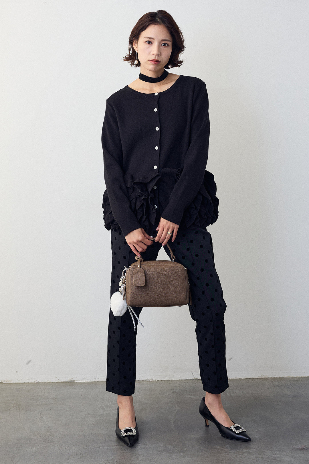 [予約/SET]フリルホイップニットカーディガン+ドット柄センターラインテーパードパンツ(2set)