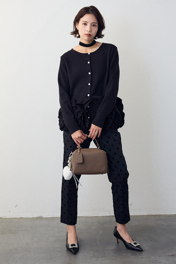 [予約/SET]フリルホイップニットカーディガン+ドット柄センターラインテーパードパンツ(2set)