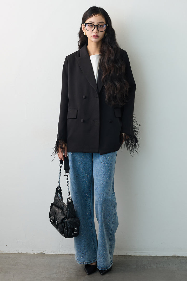 [予約/SET]エアリーファザーレディライクジャケット+ラインストーンストレートデニム(2set)