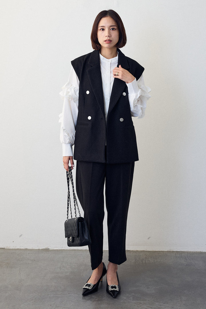 [予約/SET]スタンドカラーラッフルフリルスリーブブラウス+バックリボンテーラーベスト+ウォームセンタープレス美ラインテーパードパンツ(3set)