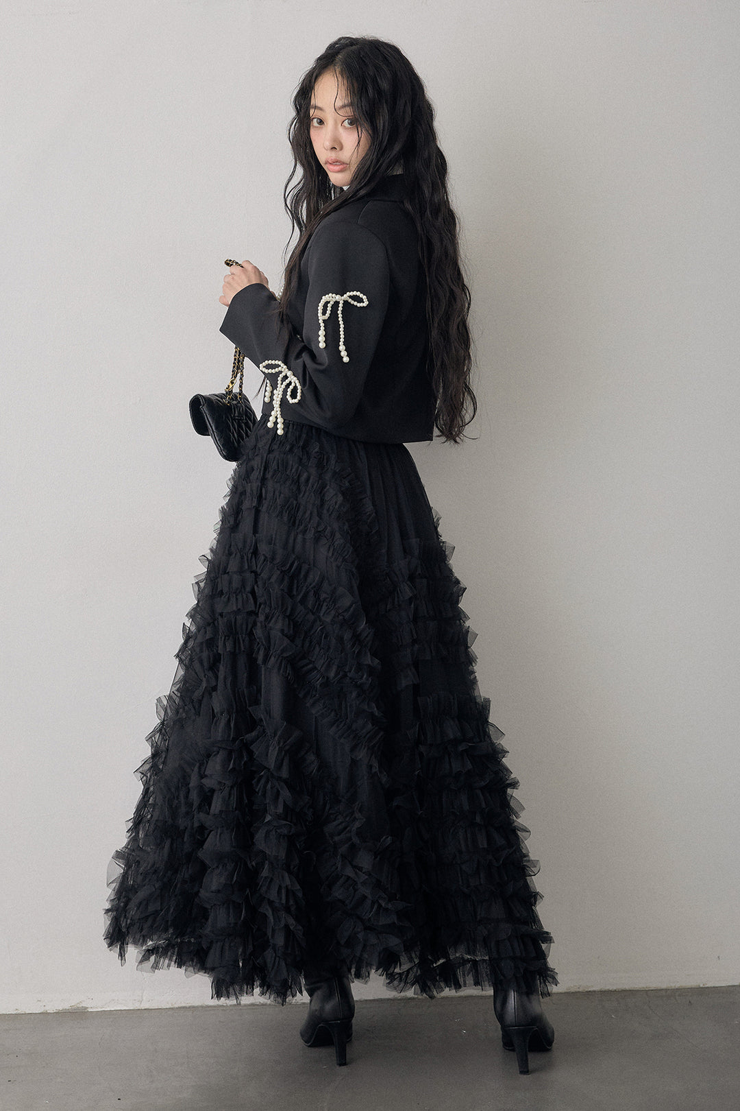 [予約/SET]ベーシックリブタートルニット+パールリボンクロップドジャケット+スフレアシメチュールスカート(3set)