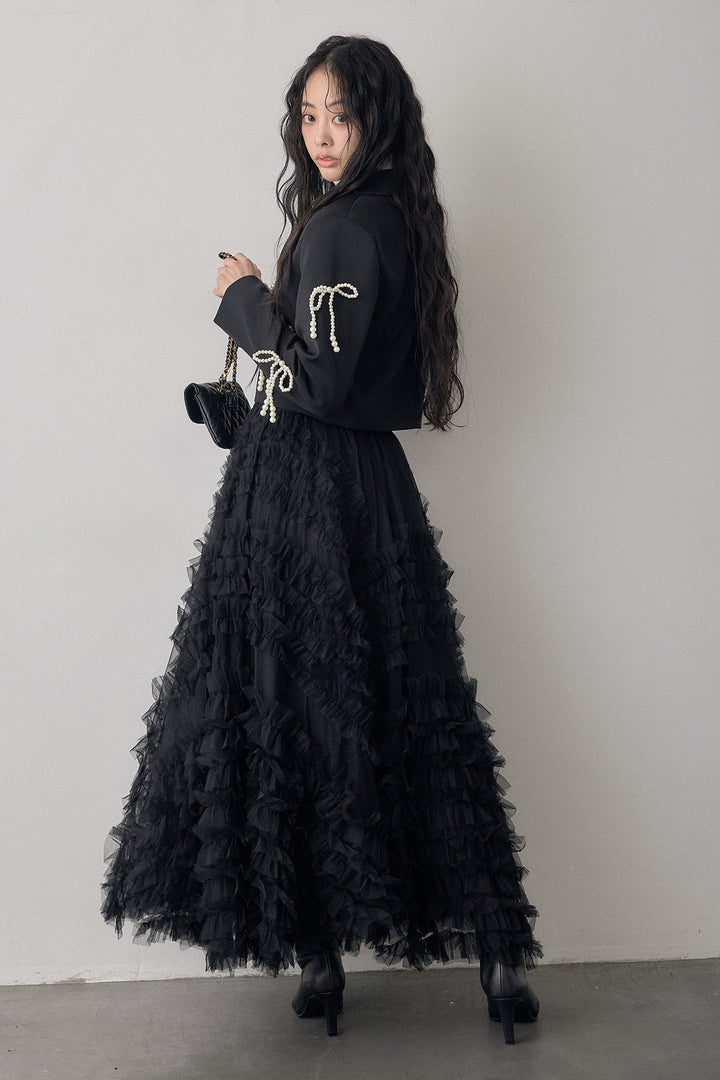 [予約/SET]ベーシックリブタートルニット+パールリボンクロップドジャケット+スフレアシメチュールスカート(3set)