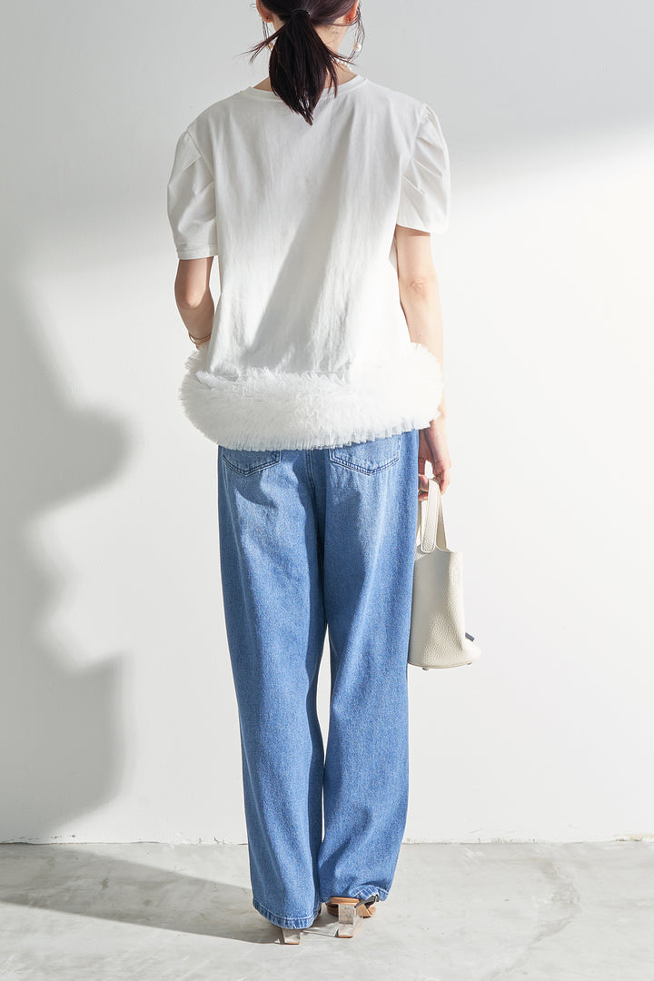 [予約/SET]チュールヘムドッキングTシャツ+ラインストーンハイウエストストレートデニム(2set)