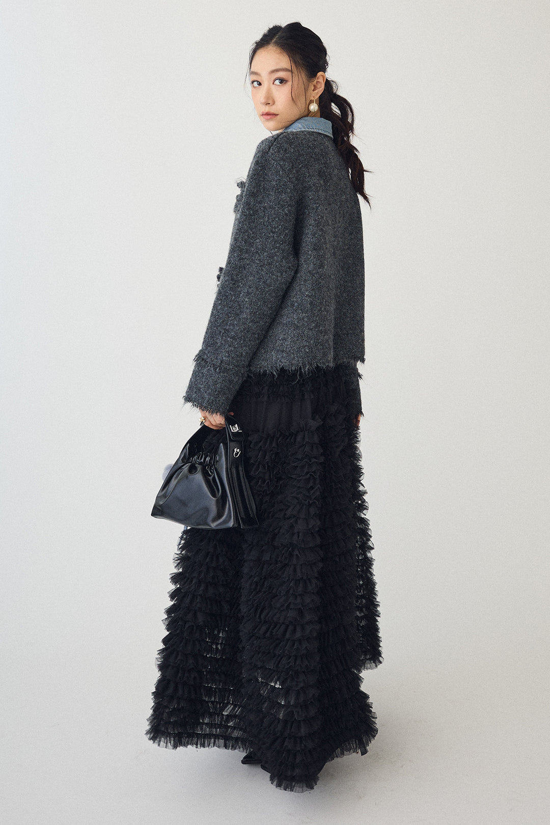 [予約/SET]デニムシャツドッキングツイードカーデ+ホイップチュールティアードスカート(2set)