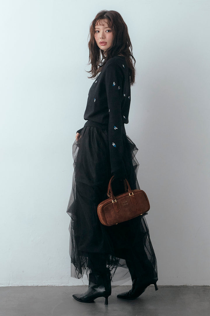 [予約/SET]ニュアンスフラワー刺繍クロップドニットカーデ+マルチパターンタックチュールスカート(2set)