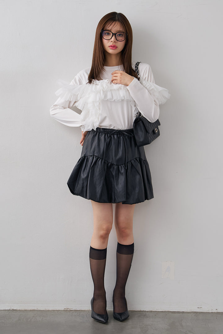 [予約/SET]マルチwayフリルカットトップス+フェイクレザーティアードバルーンミニスカート(2set)