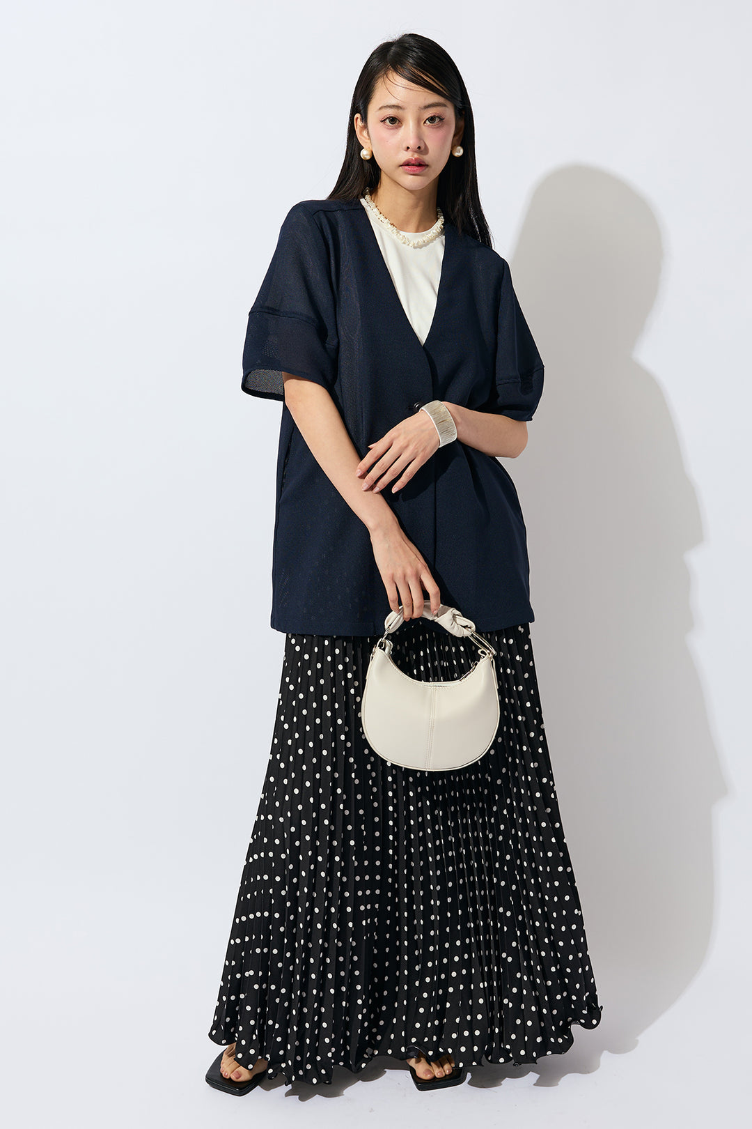 [予約/SET]メッシュパフスリーブシアージャケット+ドットプリーツロングスカート(2set)