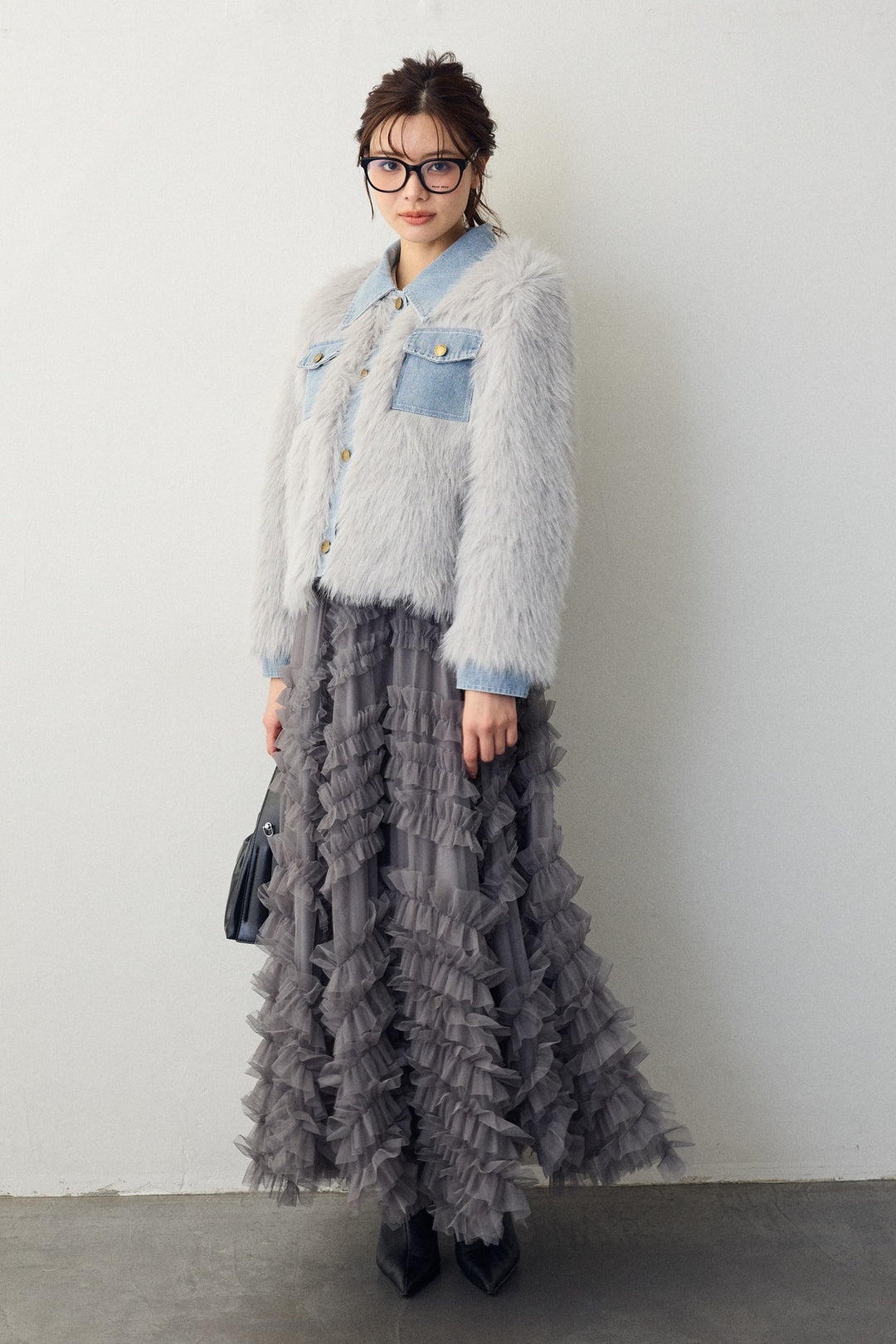 [予約/SET]デニムシャツドッキングファージャケット+スフレアシメチュールスカート(2set)