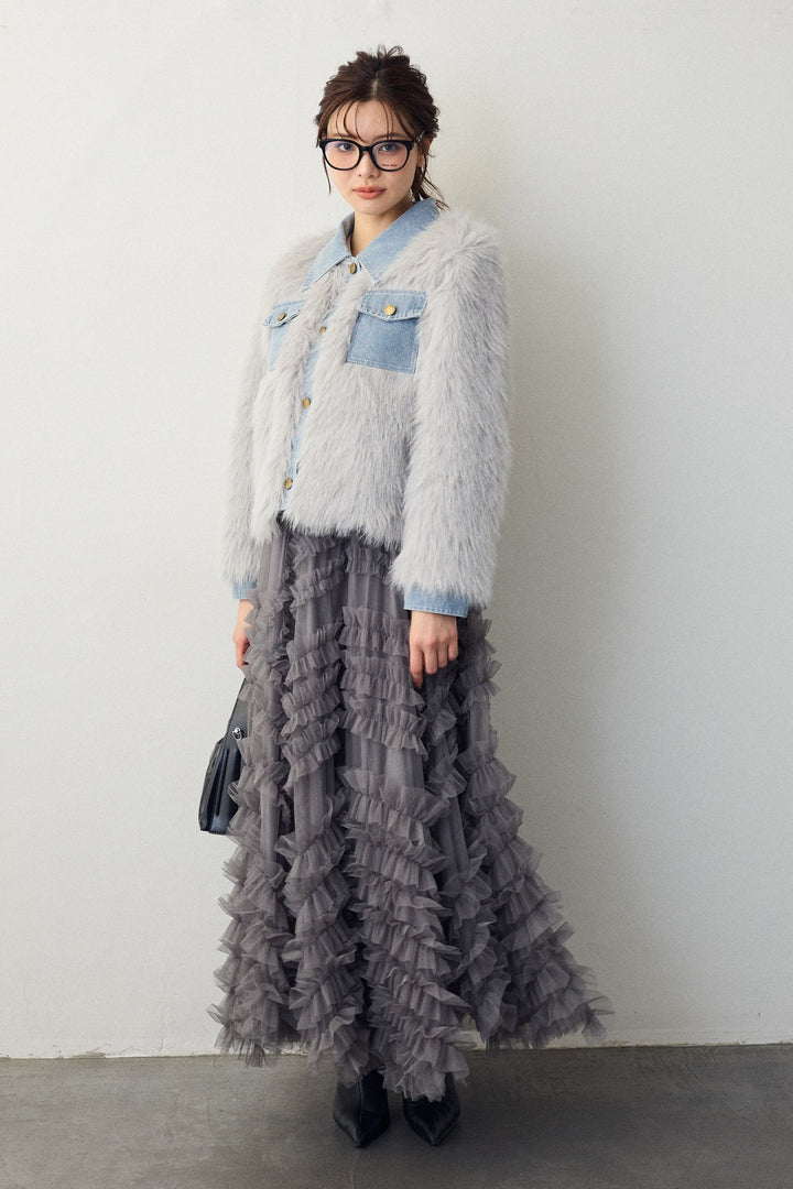 [予約/SET]デニムシャツドッキングファージャケット+スフレアシメチュールスカート(2set)