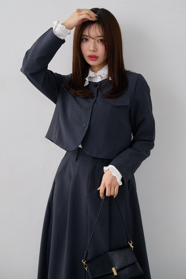 [予約/SET]ミニフリル襟ボリュームスリーブブラウス+ノーカラークロップドジャケットスカートセット(2set)
