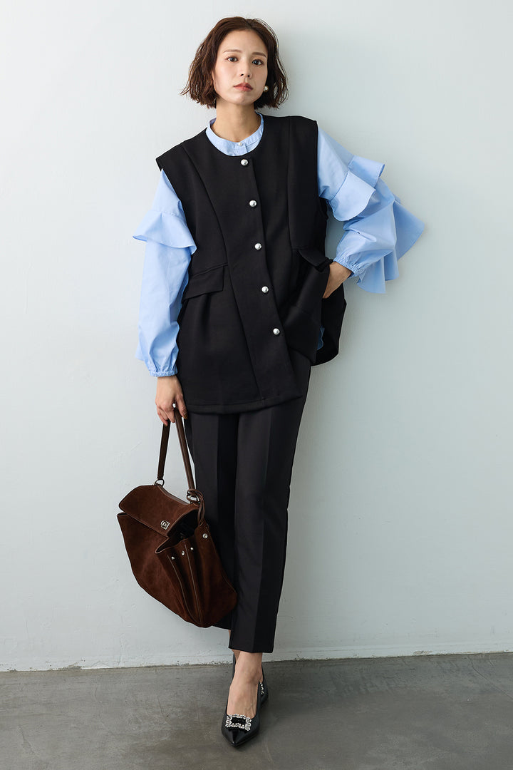 [予約/SET]ティアードフリルスリーブパールボタンブラウス+ペプラムラインシルバーボタンジレ(2set)