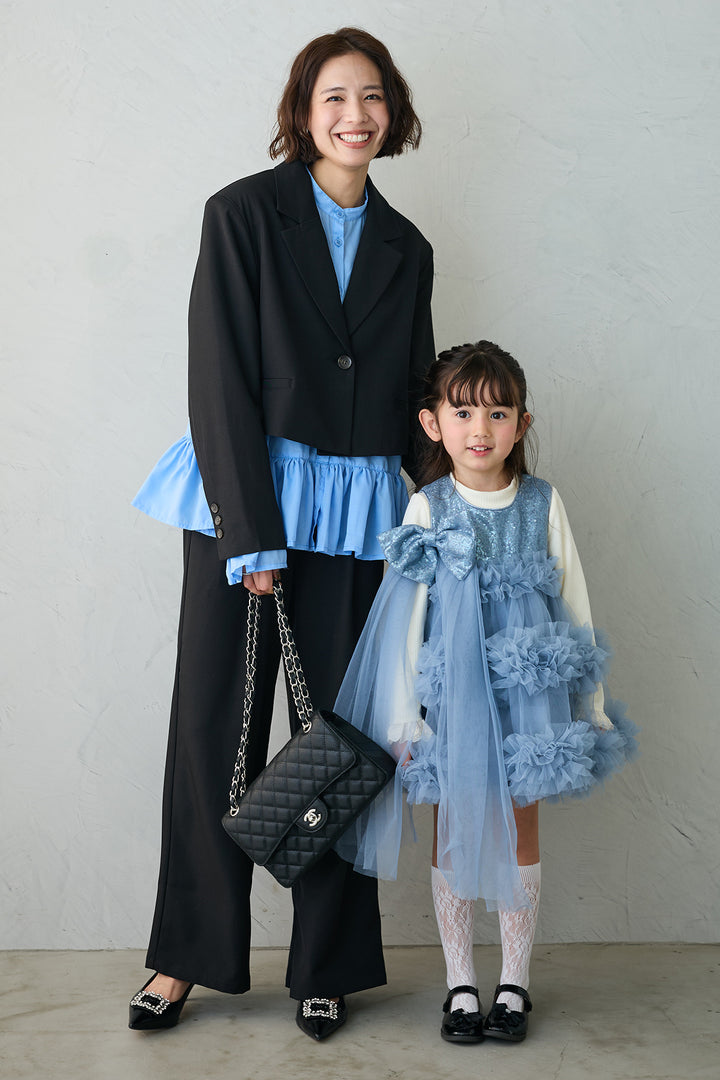 [予約/親子SET][kids]スパンコールリボンホイップチュールワンピセット+フリルヘムスリーブブラウス+クロップドマニッシュシンプルジャケット+ツイルシンプルストレートパンツ(4set)