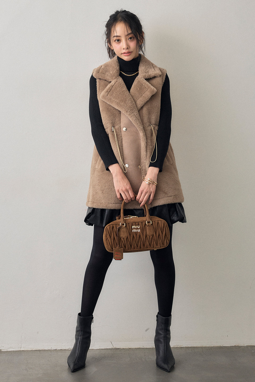 [予約/SET]テディボアウエストドロストベスト+フェイクレザーティアードバルーンミニスカート(2set)