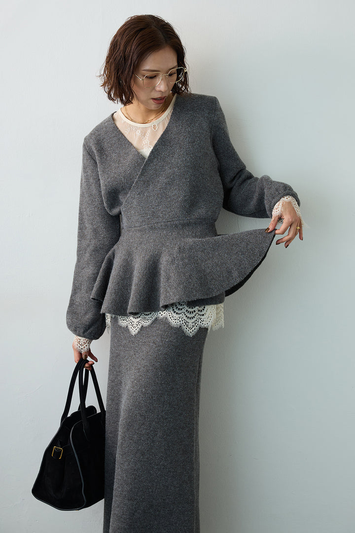 [予約/SET]ファインレーストップス+カシュクールフレアニットスカートセットアップ(2set)