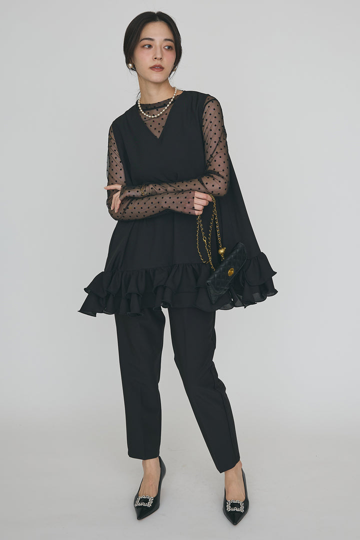 [予約/SET]シアードットフロッキートップス+異素材フリルヘムVネックチュニック+タックテーパードパンツ(3set)