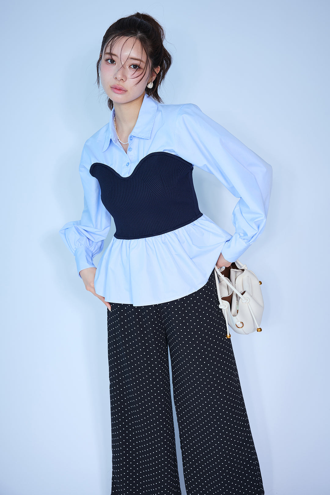 [予約/SET]ビスチェニットドッキングペプラムブラウス+シアードットリラックスパンツ(2set)