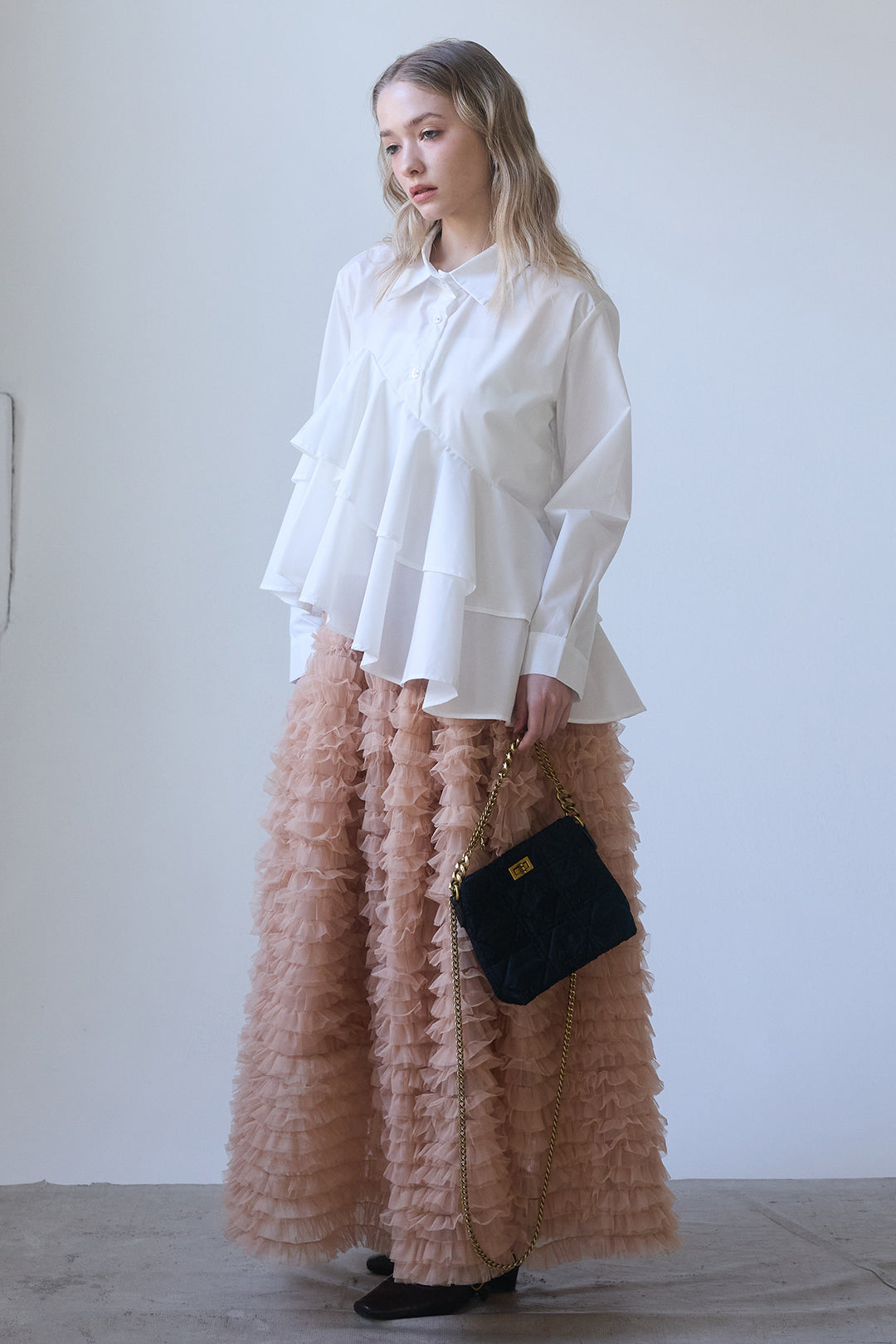 [予約/SET]アシメフリルティアードシャツ+ホイップチュールティアードスカート(2set)