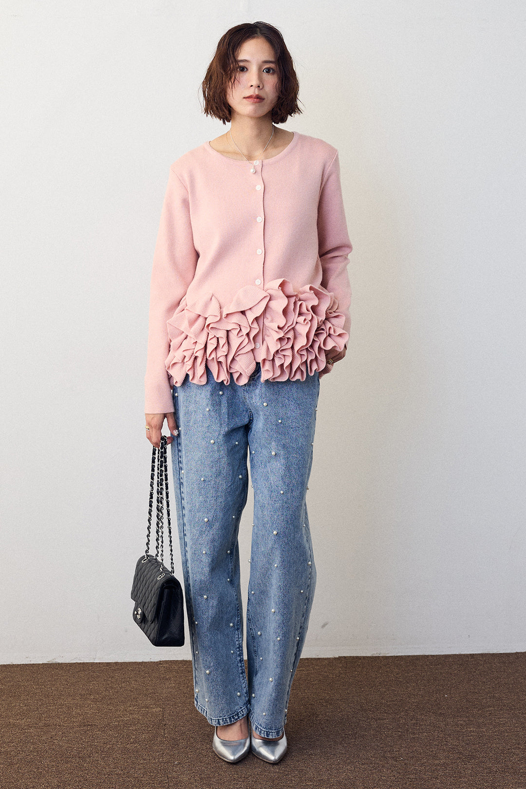 [予約/SET]フリルホイップニットカーディガン+パールスタッズストレートハイウエストデニム(2set)