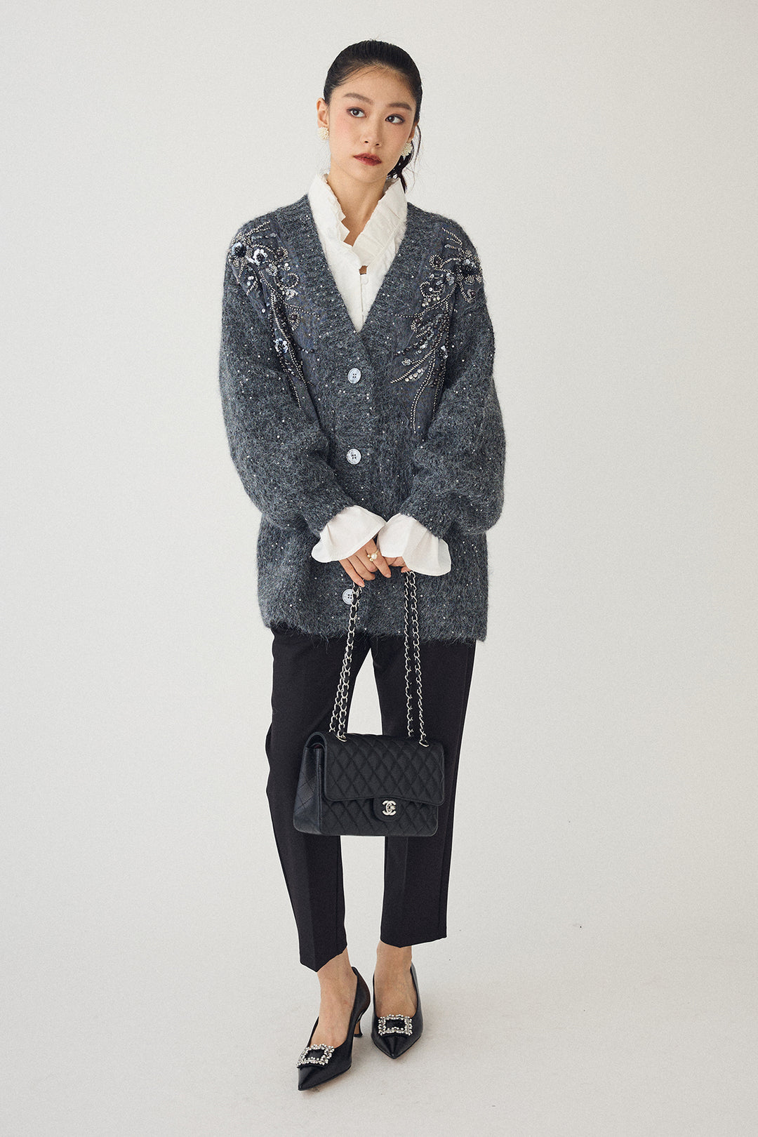 [予約/SET]ビーズフラワースパンコールシャイニーニットカーデ+タックテーパードパンツ(2set)