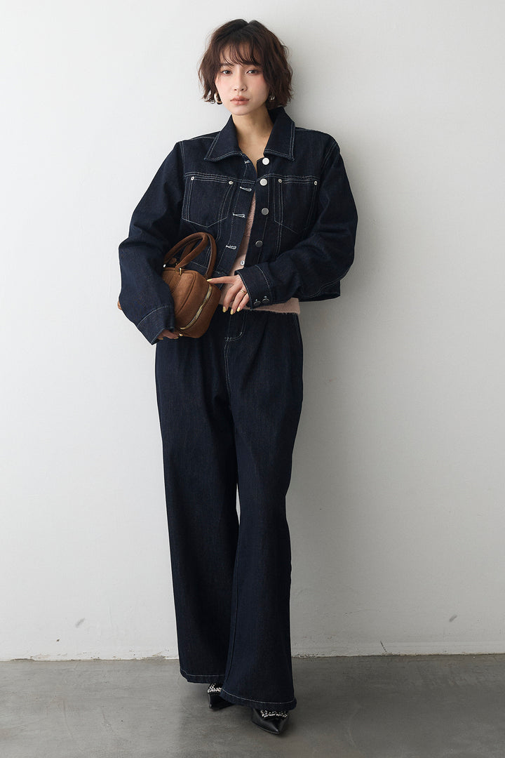 [予約/SET]レースVラインボタンニット+クロップドデニムセットアップ(2set)