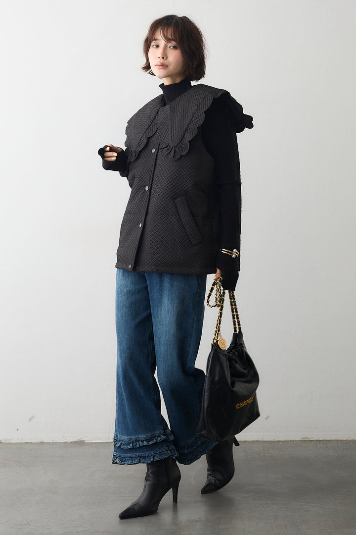 [予約/SET]ベーシックフィンガーホールリブニット+スカラップBIGカラーベスト+フリルヘムデニムパンツ(3set)