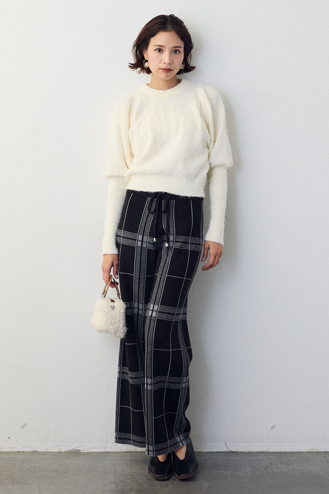 [予約/SET]モヘアパフスリーブプルオーバー+チェック柄ニットストレートパンツ(2set)