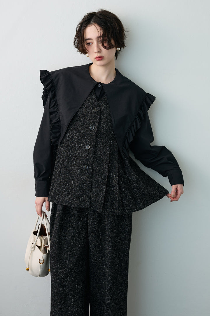 [予約/SET]BIGフリルデザインシャツ+サマーツイードボックスプリーツベスト+サマーツイードウエストラインタックパンツ(3set)
