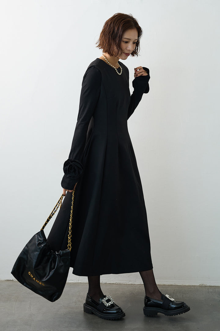 [予約/SET]フラワーモチーフポイントカットトップス+プリンセスラインフレアワンピース(2set)