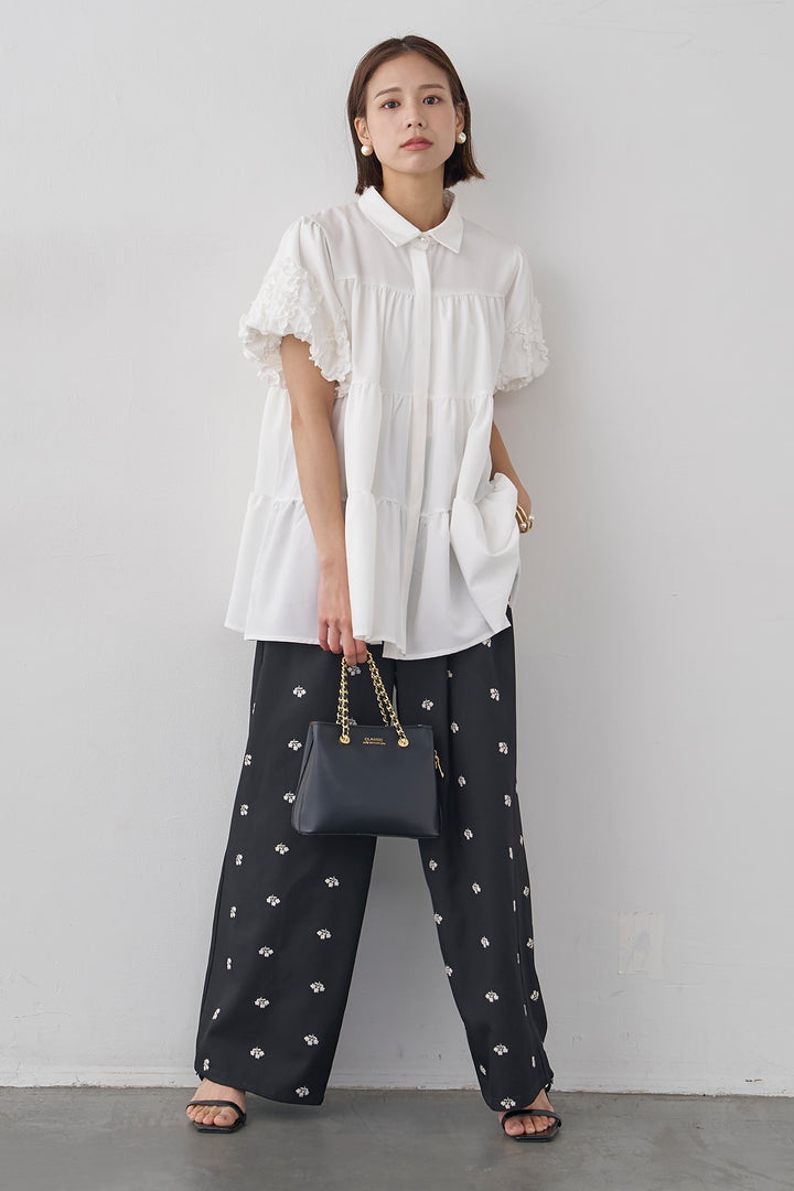 [予約/SET]フリルウェーブスリーブティアードブラウス+フラワー刺繍ツイルストレートパンツ(2set)