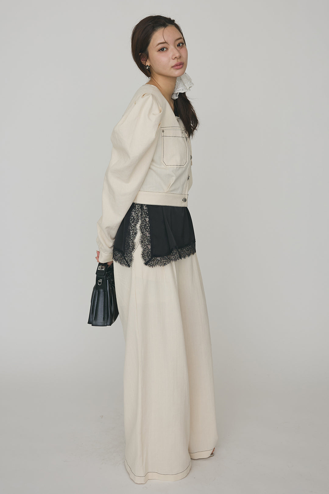 [予約/SET]ステッチパフスリーブクロップドジャケット+ステッチデザインハイウエストデニムパンツ(2set)