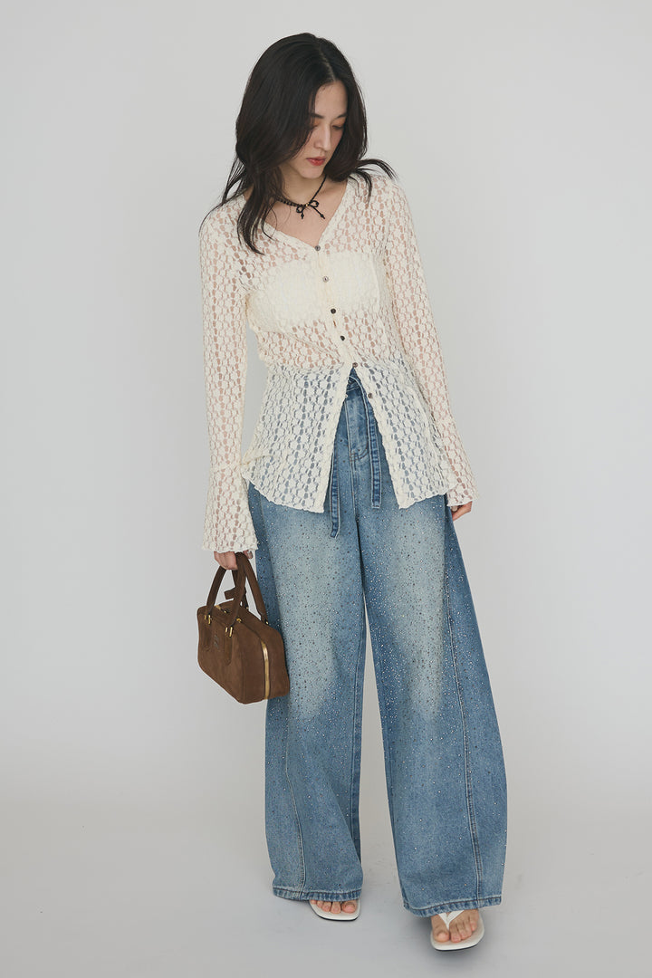 [予約/SET]カットレースフラワーVネックカーデ+ラインストーン美ラインデニム(2set)