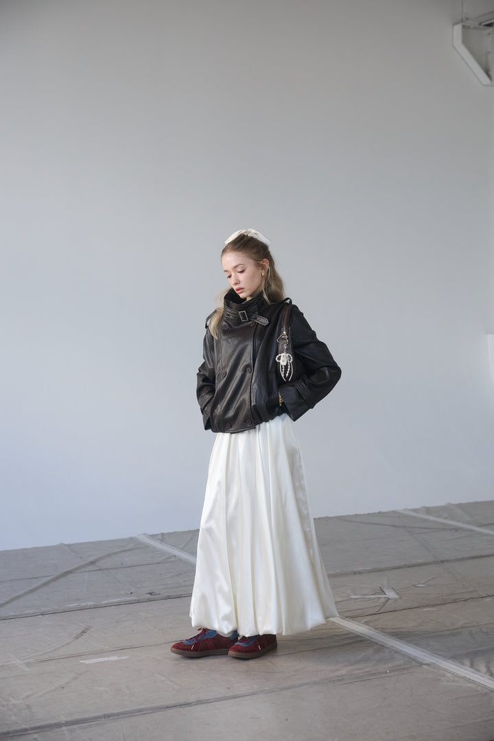 [予約/SET]レザーライククロップドジャケット+サテンシャイニーバルーンスカート(2set)