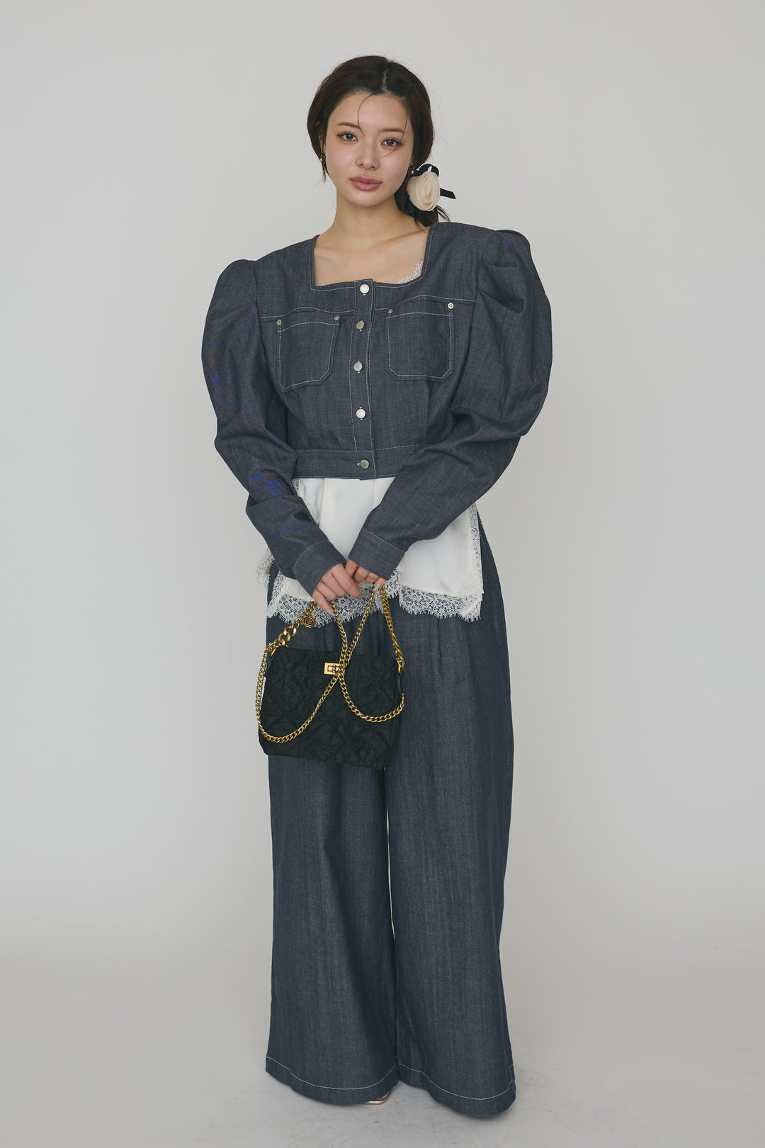 [予約]ステッチデザインハイウエストデニムパンツ