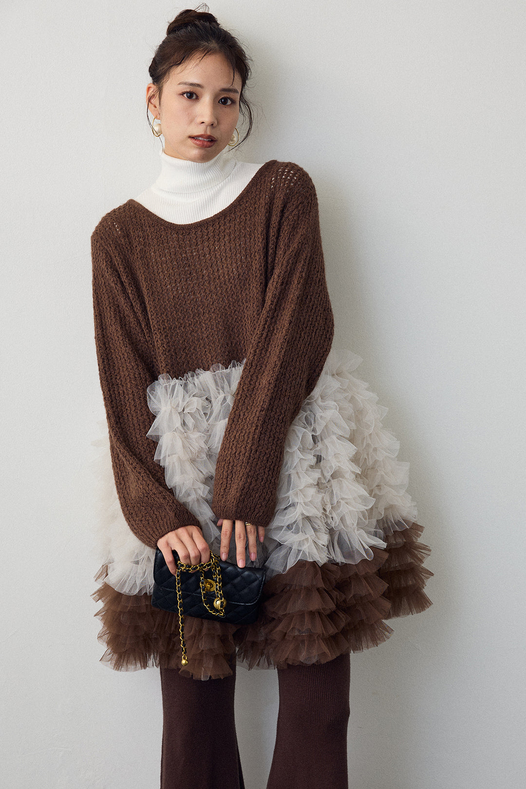 [予約/SET]ホイップチュールドッキングニットワンピ+リブストレッチフレアニットパンツ(2set)