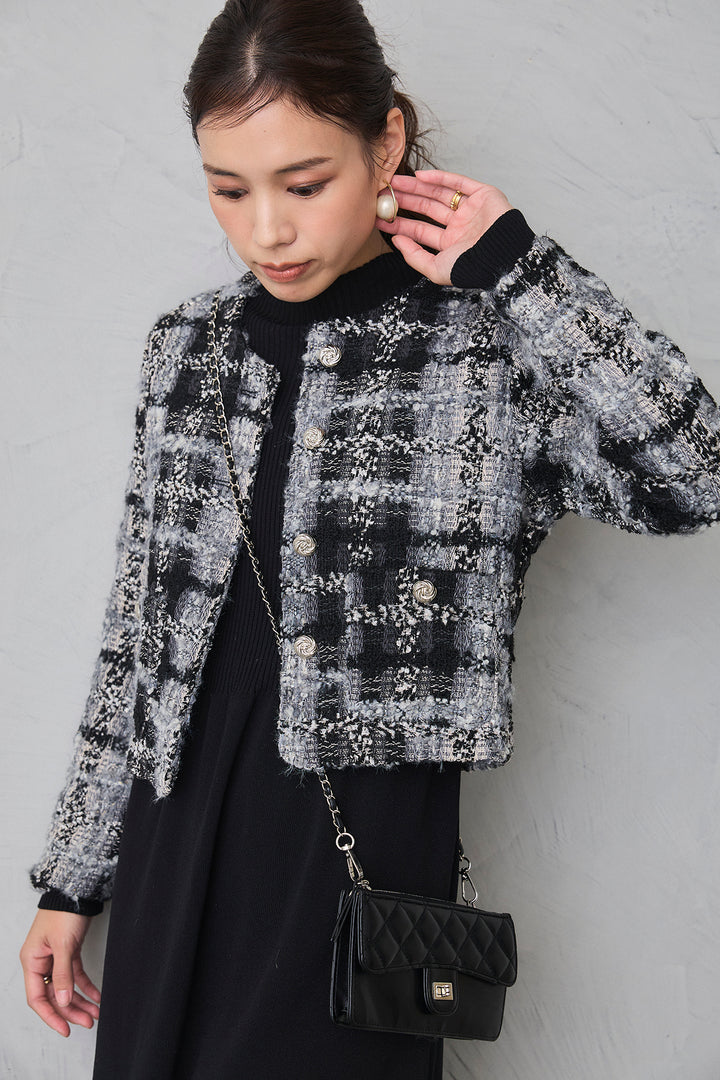 [予約/SET]ツイードチェッククロップドジャケット+リブセミフレアニットワンピース(2set)