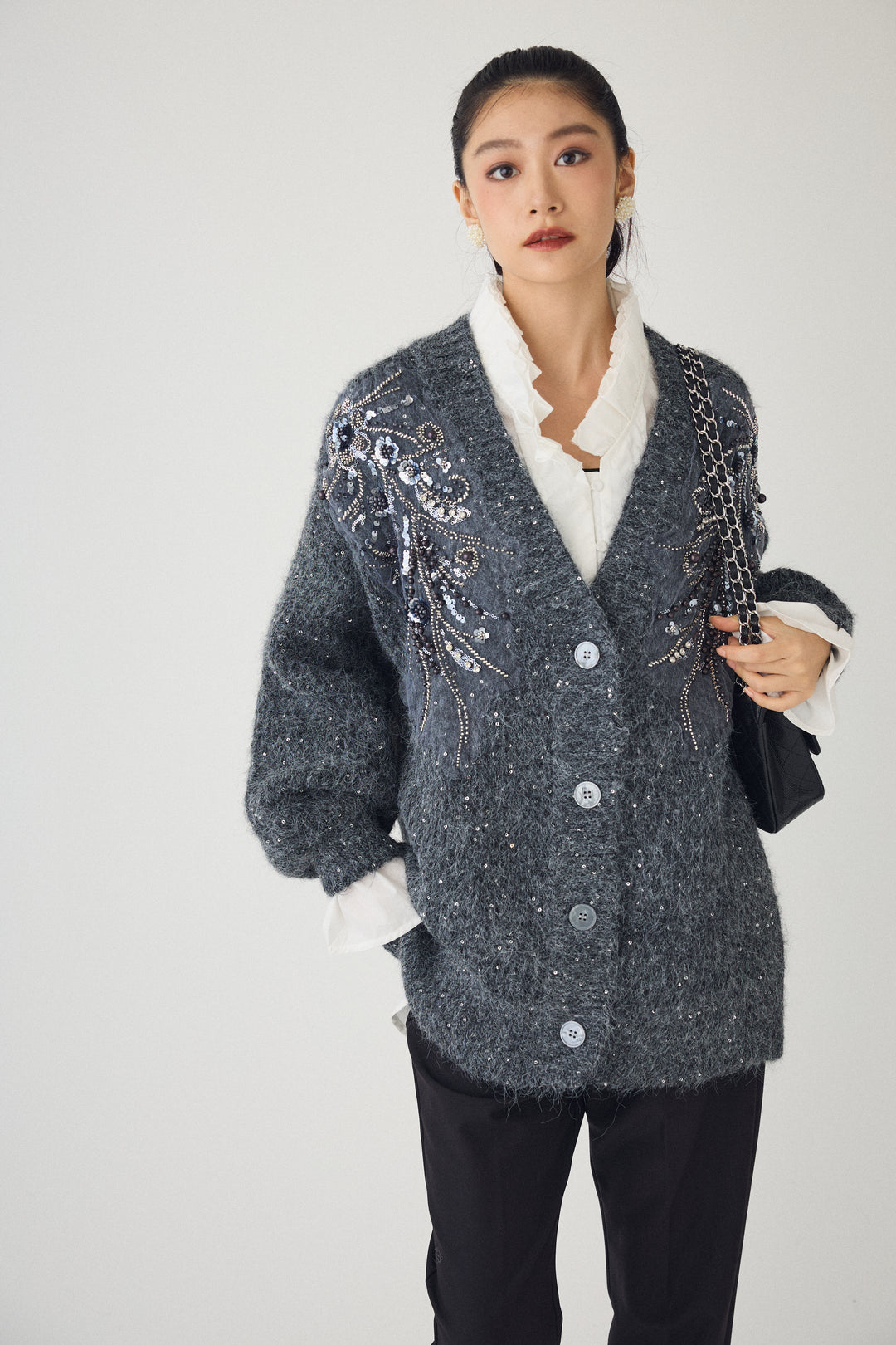 [予約]ビーズフラワースパンコールシャイニーニットカーデ