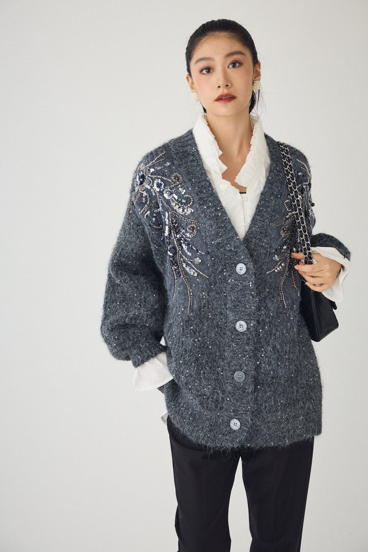 [予約]ビーズフラワースパンコールシャイニーニットカーデ