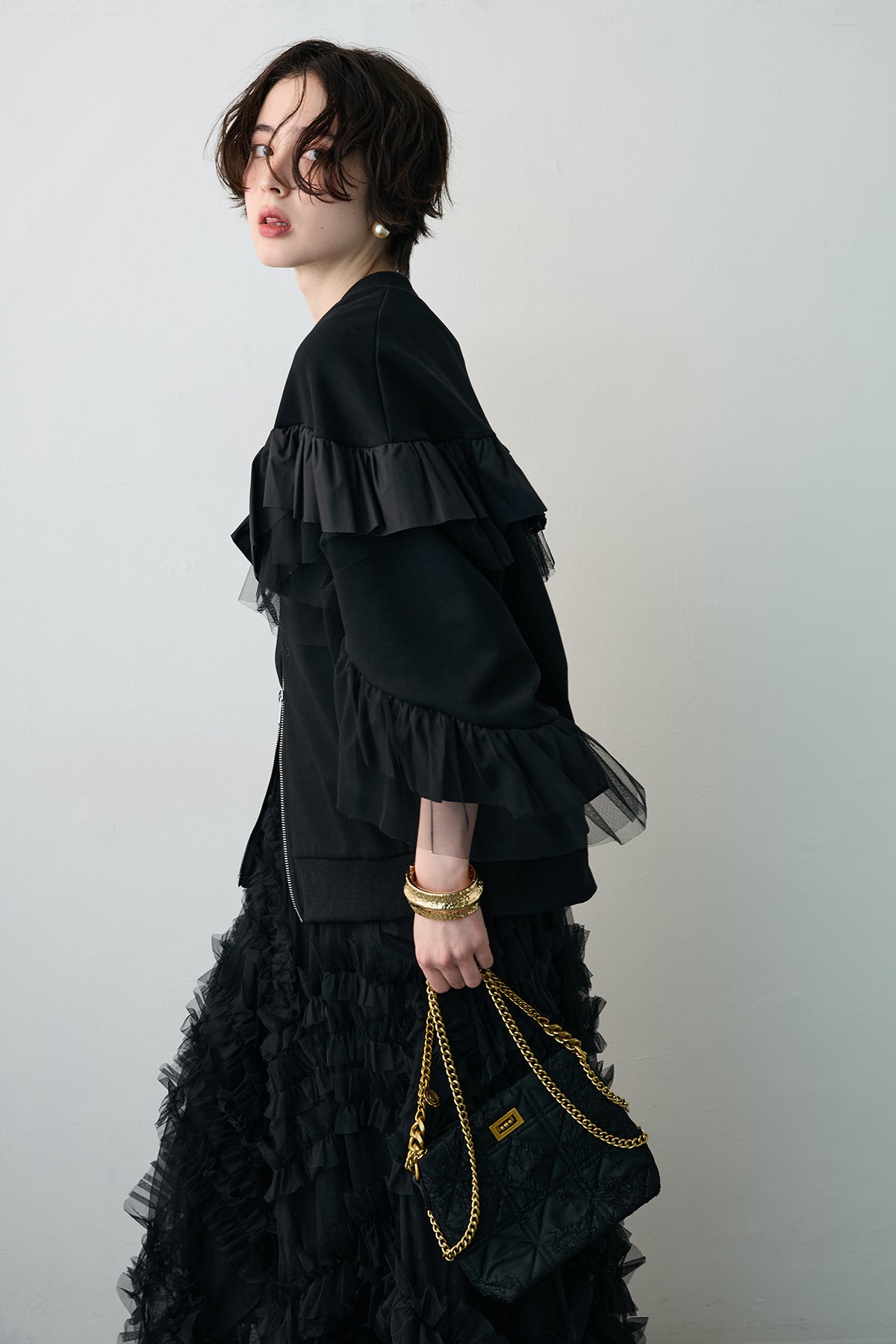 予約/SET]フリルデザインダブルジップブルゾン+スフレアシメチュール