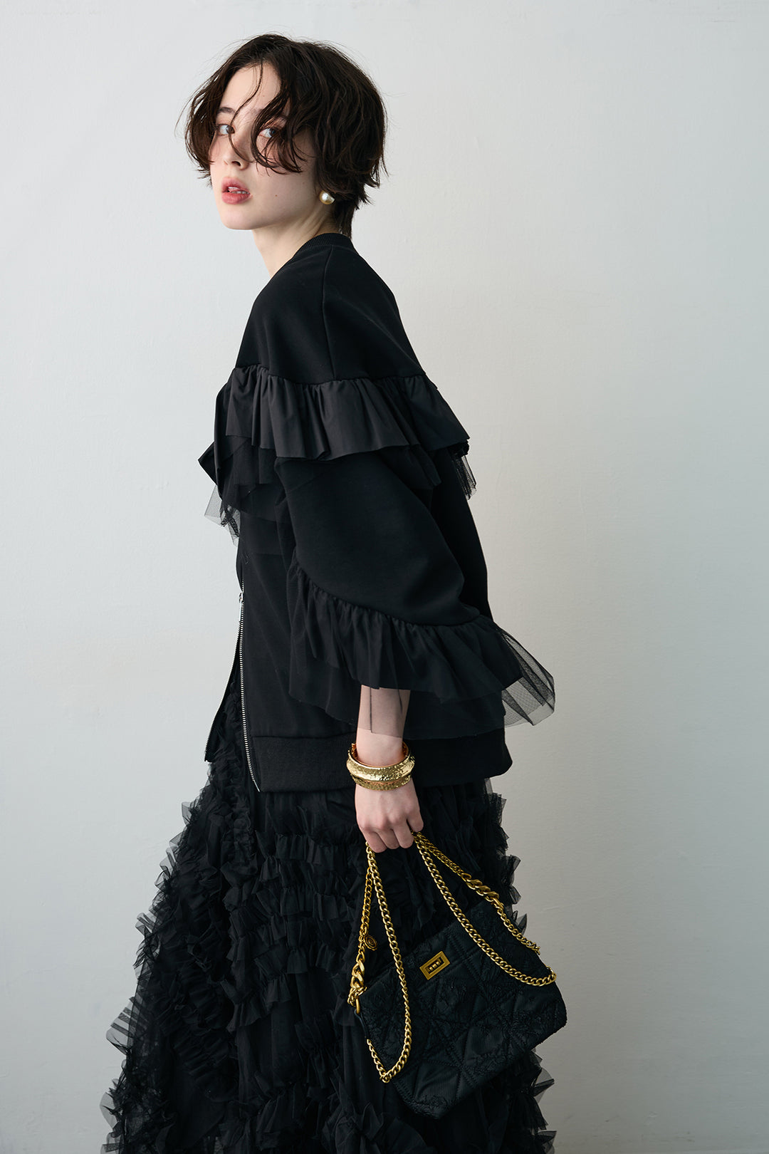 [予約/SET]フリルデザインダブルジップブルゾン+スフレアシメチュールスカート(2set)