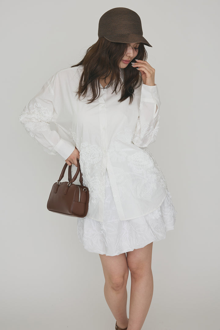 [予約/SET]フラワー刺繍モチーフオーバーシャツ+フラワー刺繍バルーンスカート(2set)