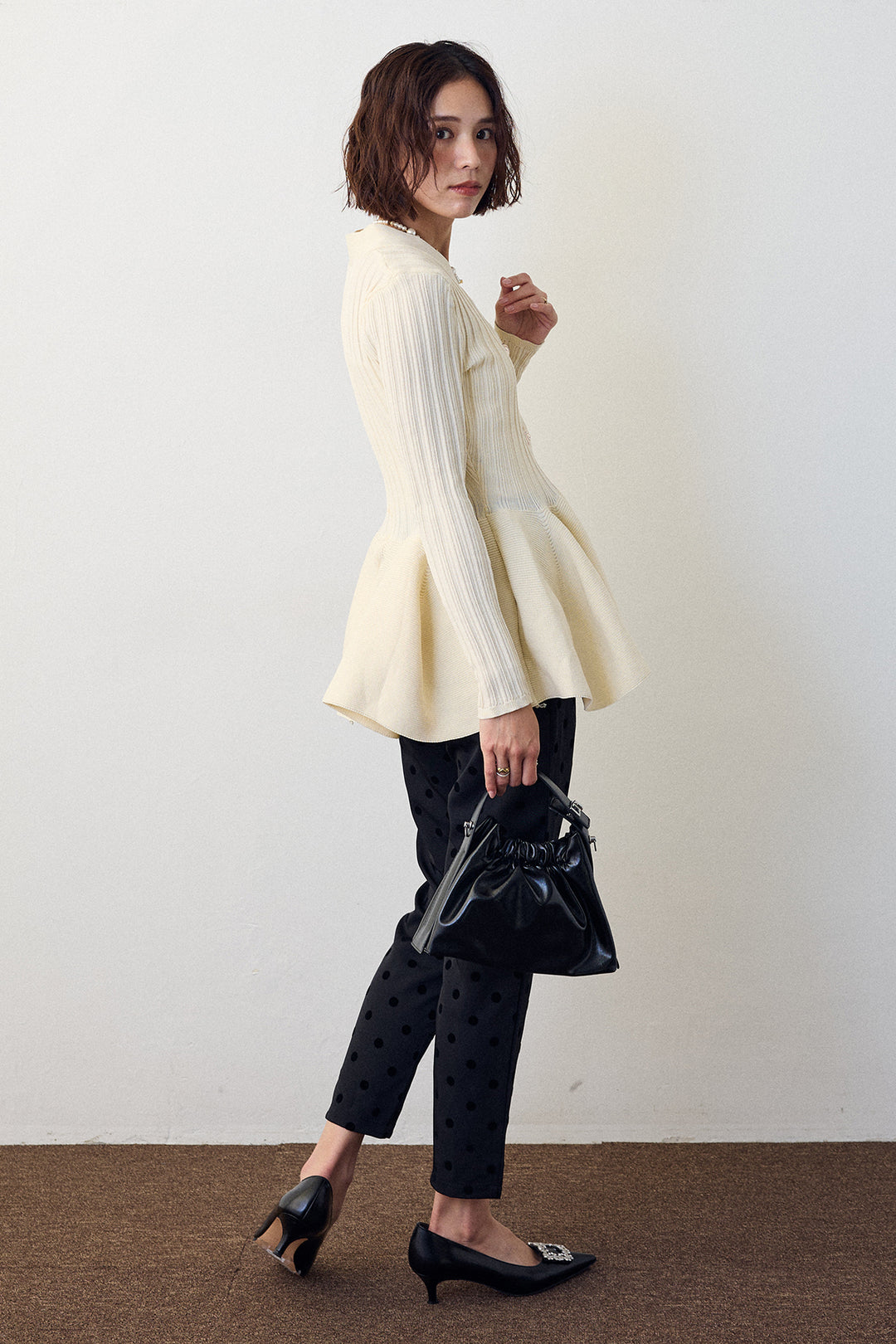 [予約/SET]リブ美ラインペプラムニット+ドット柄センターラインテーパードパンツ(2set)