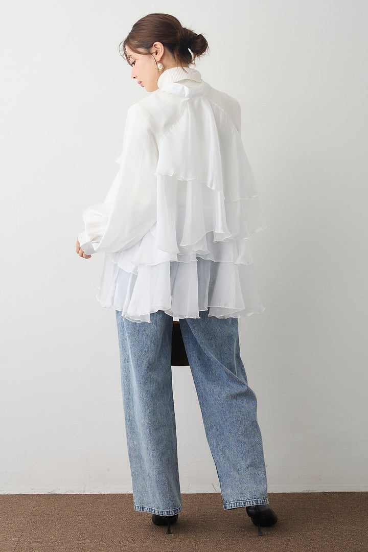 [予約/SET]ベーシックリブタートルニット+フロントBIGリボンティアードエアリーチュニック+パールスタッズストレートハイウエストデニム(3set)