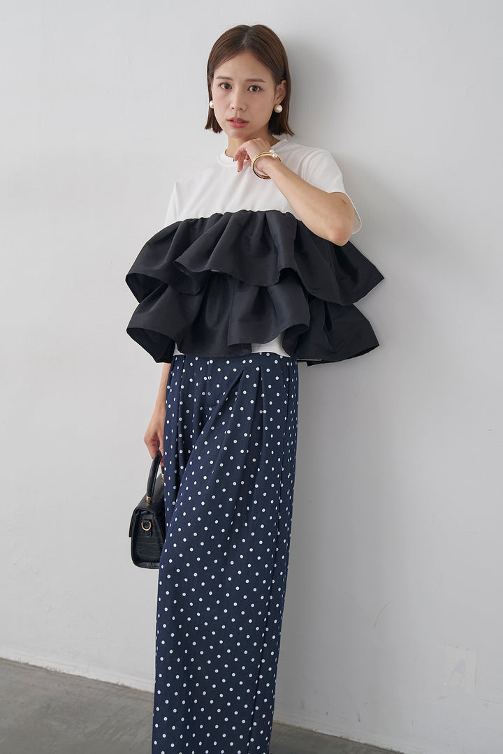 [予約/SET]ナイロンフリルドッキングTシャツ+ハイウエストドットデニムパンツ(2set)