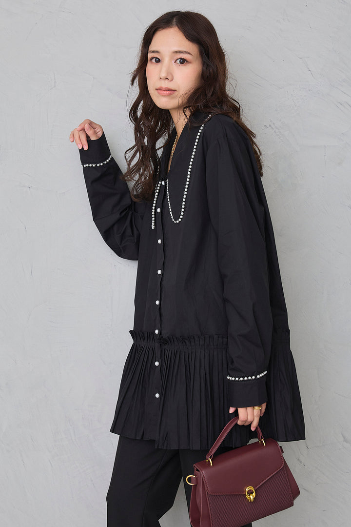 [予約]パールライン襟×プリーツシャツ