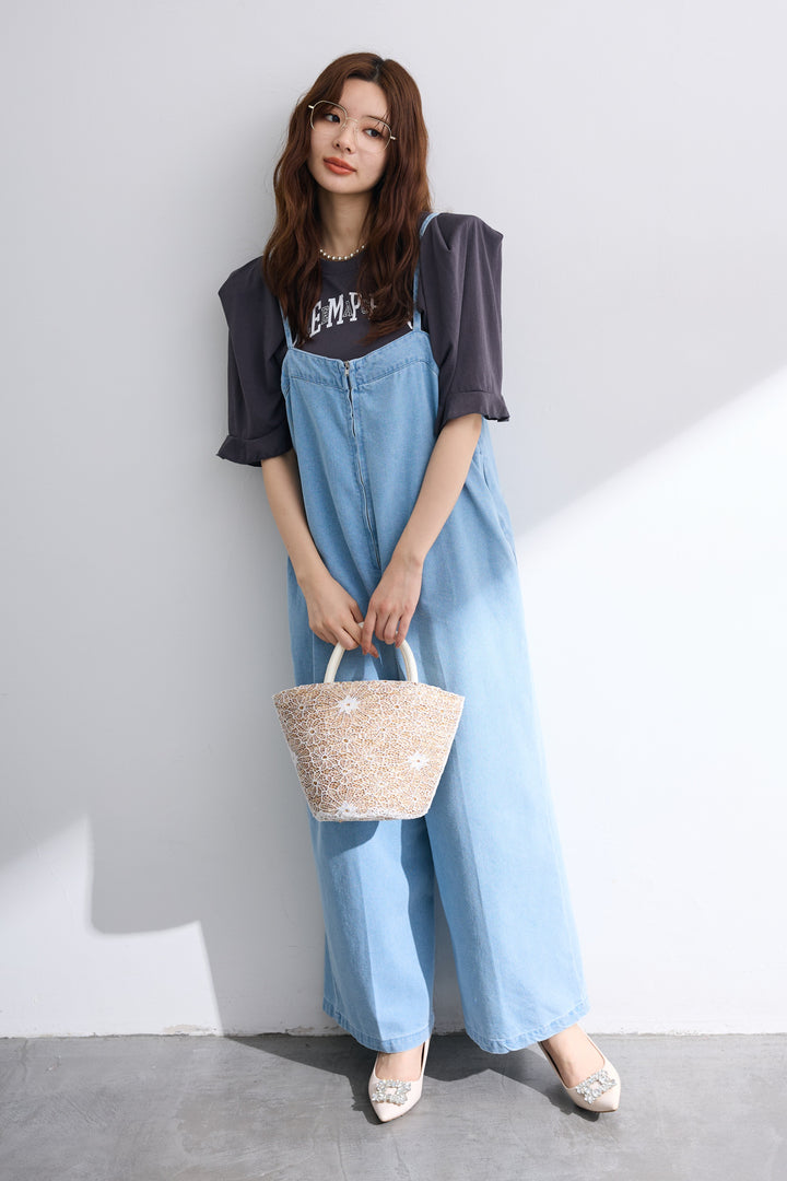 [予約/SET]ロゴパフスリーブデザインTシャツ+フロントZIPデニムサロペ(2set)