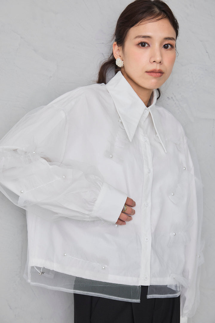 [予約/SET]チュールレイヤードパールシャツ+タックテーパードパンツ(2set)