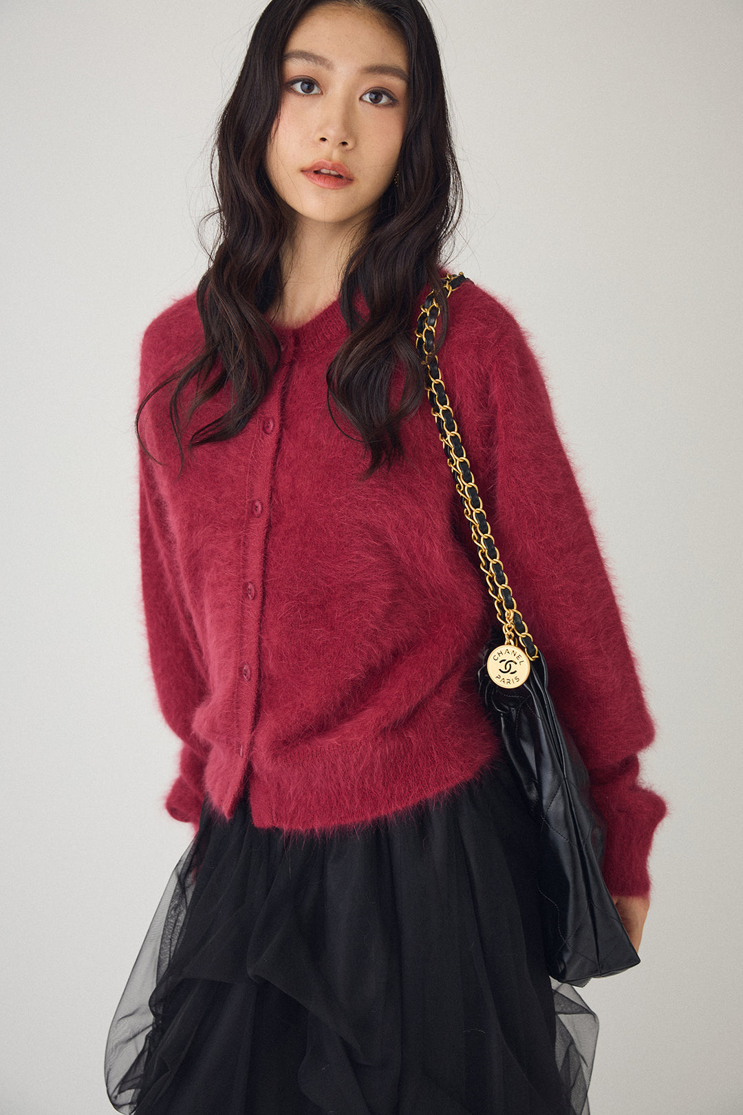 [予約/SET]ウールソフトカーディガン+マルチパターンタックチュールスカート(2set)